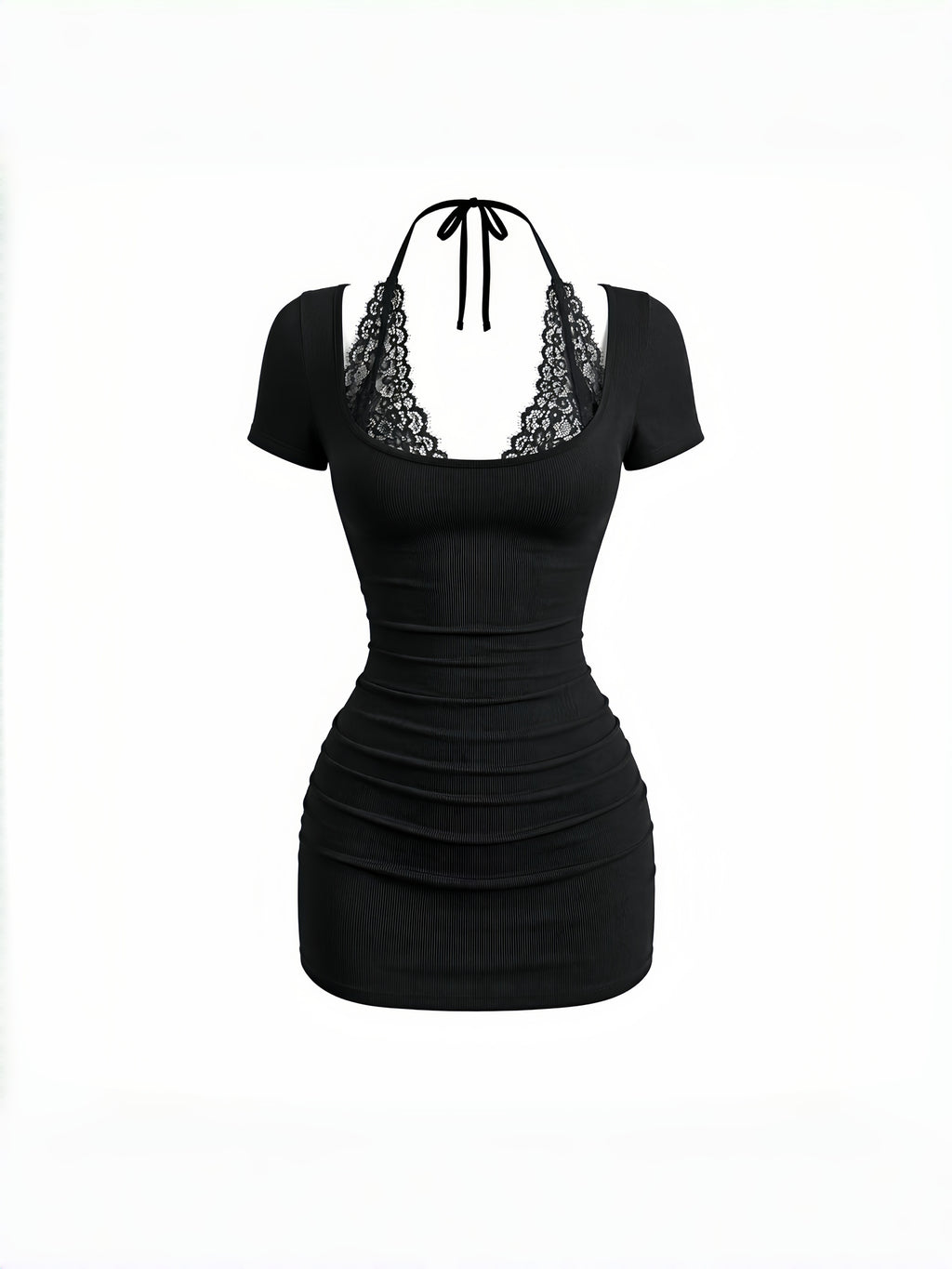 Black lace halter detail bodycon mini dress