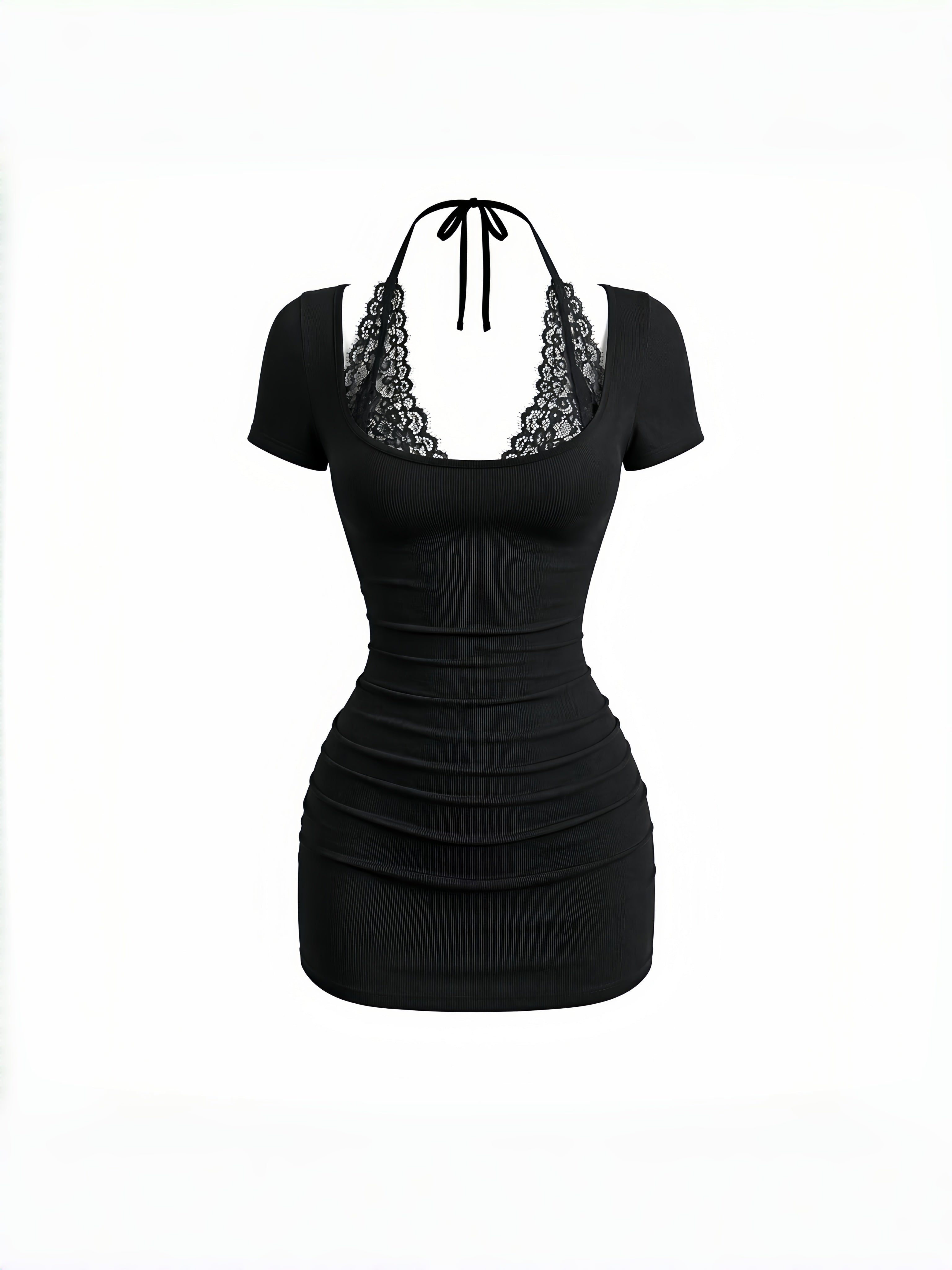 Black lace halter detail bodycon mini dress