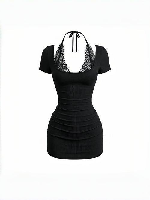Black lace halter detail bodycon mini dress