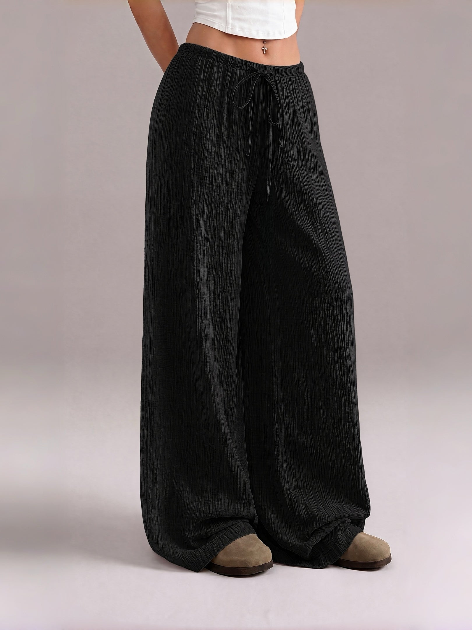 Women's  Minimalist Wide Leg Pants with Adjustable Drawstring Waist