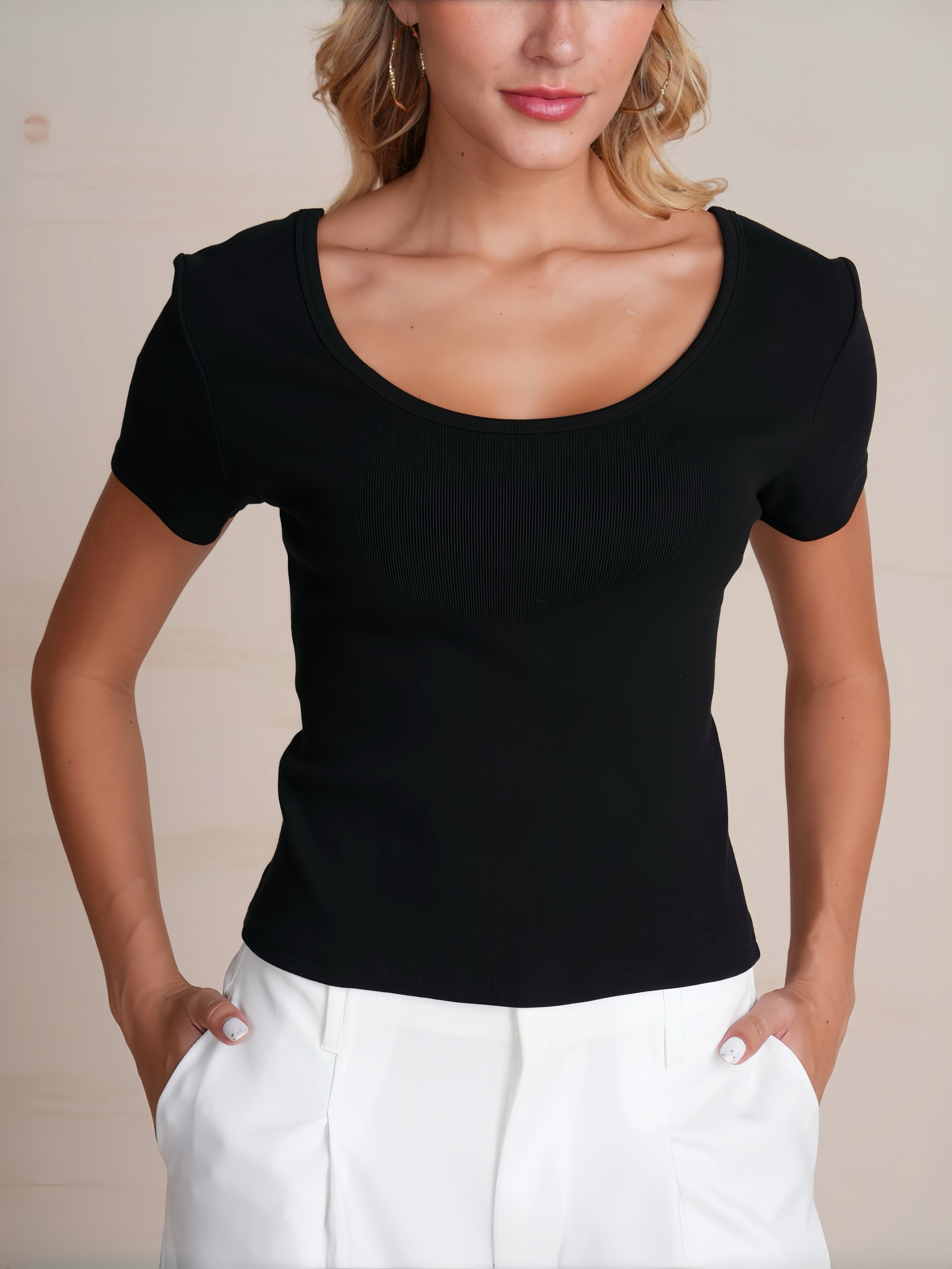 Versatile Ribbed Scoop Neck Slim Top for Daily Wear